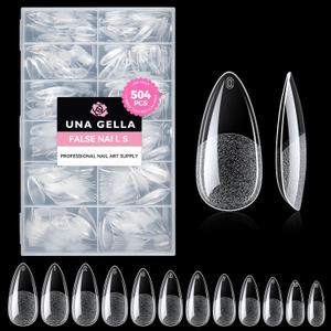 UNA GELLA Almond Gel Nail Tips, 504PCS Pre Etched Clear Fake Nails Tips Medium Almond Shape - 12 Sizes Full Cover Soft Acrylic Press On Nail Extensions No C Curve Gift for Diy at Home, Medium Almond