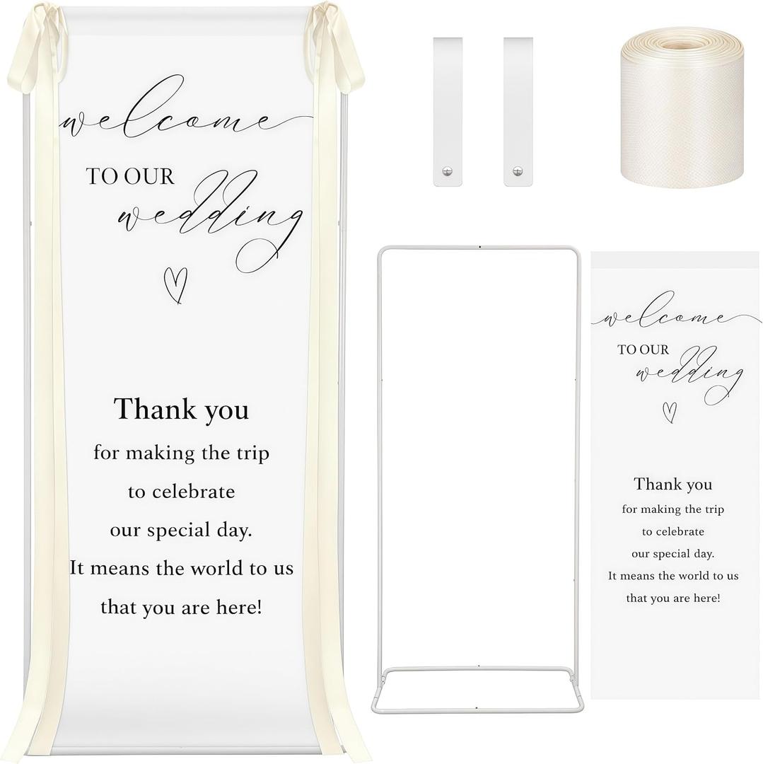 Lumina Wedding Welcome Sign Stand With Linen Sign with Satin Ribbon Adjustable Easel Stand Bridal Shower Welcome Decoration for Garden Ceremony Lawn Outdoor Indoor(Beige)