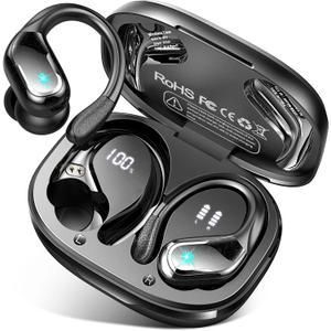 Wireless Earbud, 75Hrs Bluetooth 5.4 Headphones IP7 Waterproof for Sport, Running Wireless Earphones with ENC Noise Cancelling Mics, Deep Bass Over Ear bud with Earhooks for Android, iOS, Workout, Gym (Black)