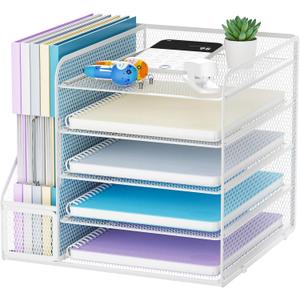 Marbrasse Desk Organizers and Accessories, 5-Tier Paper Letter Tray Organizer with File Holder, Mesh File Organizer, Office Desk Accessories & Organization for Supplies (White)