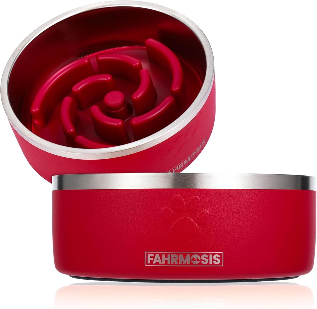 32 Oz Dog Bowl with Slow Feeder Insert Stainless Steel Pet Water Bowl for Medium & Large Breed Non Slip Rubber Base & Plastic Puzzle Feeder - Red