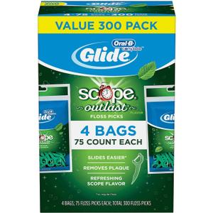 Glide Oral B Floss Picks Plusx 40mm Outlast - Long Lasting Mint, 4 Pack of 75