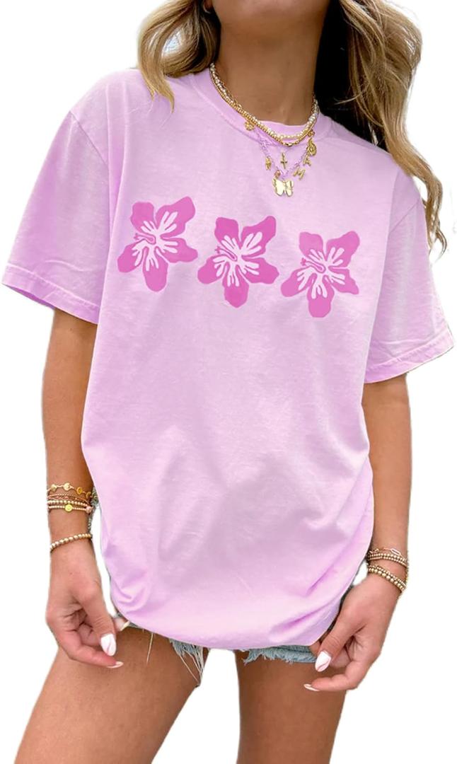 Cute Oversized Graphic Tees for Women Teen Girls Y2k Short Sleeve Graphic Baggy Shirt Vintage Aesthetic Streetwear (Small, Flower Pink)