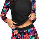 Daci Women Two Piece Rash Guard Long Sleeve Swimsuits UV UPF 50+ Swim Shirt Bathing Suit with Boyshort Bottom (Small, Red Flower)