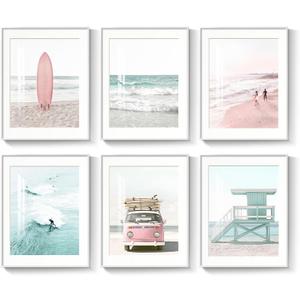 Framed Coastal Beach Wall Art for Living Room, 6 Piece Ocean Wave Surfboard Beachy Canvas Artworks, Pink and Aqua Green Seascape Picture Prints for Bedroom Hallway Office Wall Decor, 11x14 Inch
