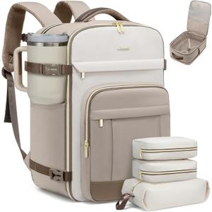LOVEVOOK 40L Travel Backpack for Women & Men - 17.3 Inch Carry On Backpack & Personal Item Backpack for Airlines, Spacious and Durable Design, with 3 Packing Cubes (Large-40L-4Pcs, Khaki-beige-sand Brown)