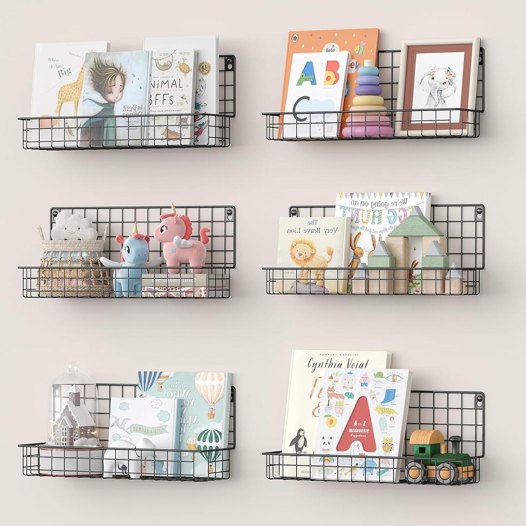 X-cosrack Floating Book Shelves for Wall Kids Bookshelf,Metal Hanging Wall Mounted Shelf for Nursery Toddler, Kids Room, Classroom,Set of 6,Black,2 Sizes (15.5 Inch, Black-6 Pack)