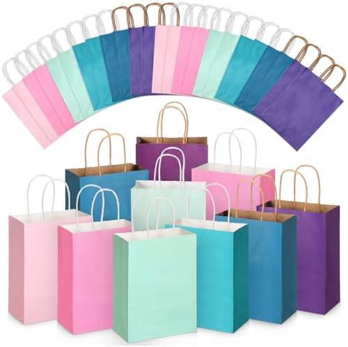 Skyygemm 32 Pcs Paper Gift Bags Bulk with Handle, 6.3 x 3.2 x 8.6 Inch Assorted Colors Kraft Goodie Candy Treat Gift Wrap Bags for Carnival Valentine Birthday Party Favor(Mermaid Color)