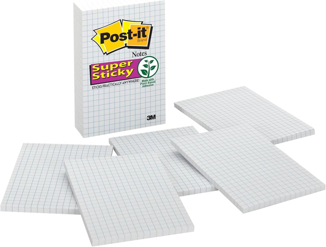 Post-it Super Sticky Notes, 6 Grid Lined Sticky Note Pads, 4 x 6 in, School Supplies, Office Products, Notes for Vertical Surfaces, Monitors, Walls and Windows, White with Blue Grid