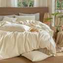 3 x MooMee Wavy Striped Duvet Cover Set 100% Washed Cotton Linen Like Textured Breathable Durable Soft Comfy (Cream White, King 104"x90")