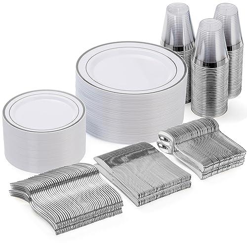 Goodluck 300-Piece Disposable Dinnerware Set for 50 Guests - Silver Plastic Plates, Salad Plates, Cutlery & Cups for Parties & Weddings