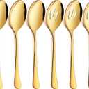 LIANYU 6-Piece Gold Serving Spoons, Stainless Steel Gold Slotted Spoons, Serving Utensils for Party Buffet Restaurant Banquet Dinner Catering, 8 3/4 Inch, Dishwasher Safe (Medium)