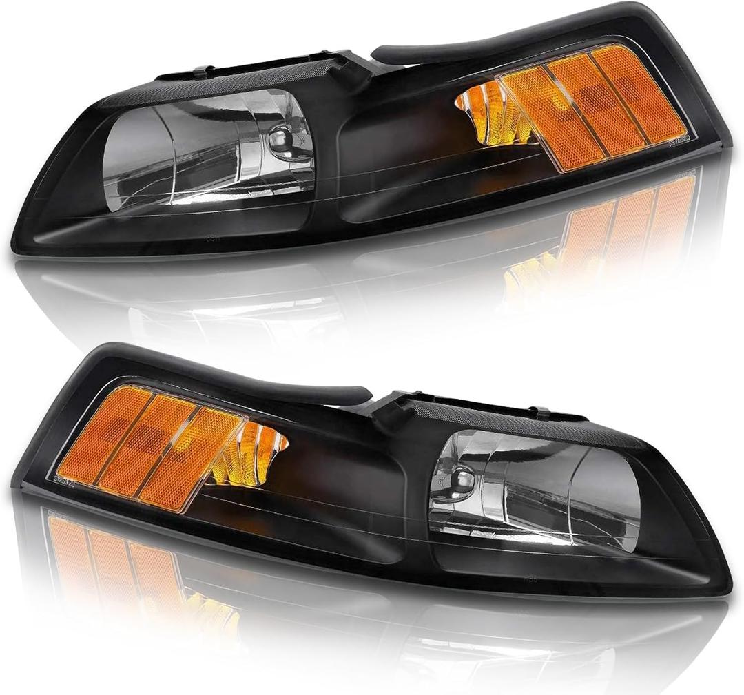 Compatible with 1999 2000 2001 2002 2003 2004 Ford Mustang Headlights Black Housing Amber Reflector Driver and Passenger Side