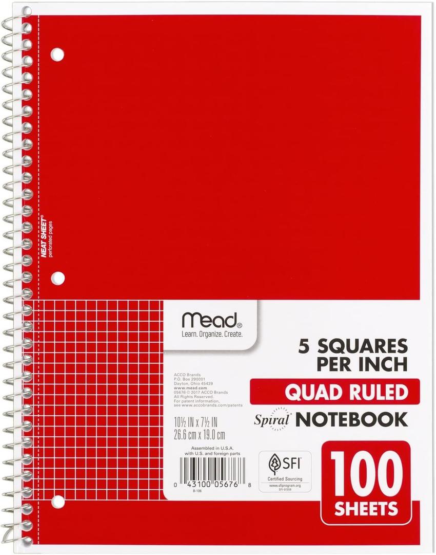 Mead Spiral Notebook, 1 Subject, Graph Ruled Paper, 7-1/2" x 10-1/2", 100 Sheets, Fire Red (05676AB5)