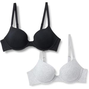 Amazon Essentials Women's Cotton Jersey Lined Wired Plunge Push-Up Bra, Pack of 2 (34D, Black/Grey Heather)