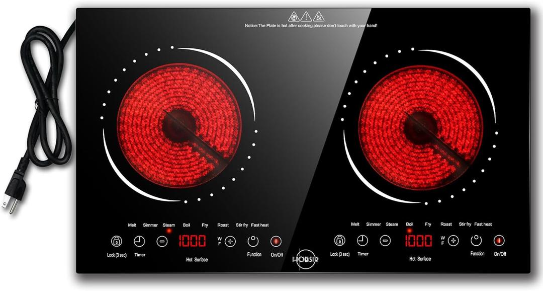 Hobsir 2 Burner Electric Cooktop 110V with Plug, Total 2000W Shared Power, Electric Stove Top with 8 Function & 8 Power, Two Burner Kitchen Cooktop with Timer & Child Safety Lock, for RV Camping, 24 Inch