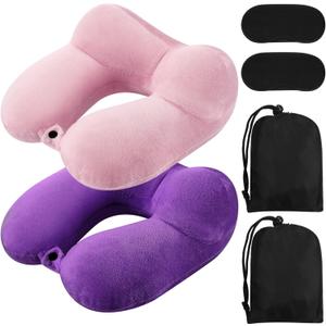 Sintuff 1 Pack Inflatable Travel Pillow for Airplanes Inflatable Neck Flight Pillows with Compact Bag and Blindfold for Traveling, Airplane, Train, Car, Office (Light Pink and Violet)