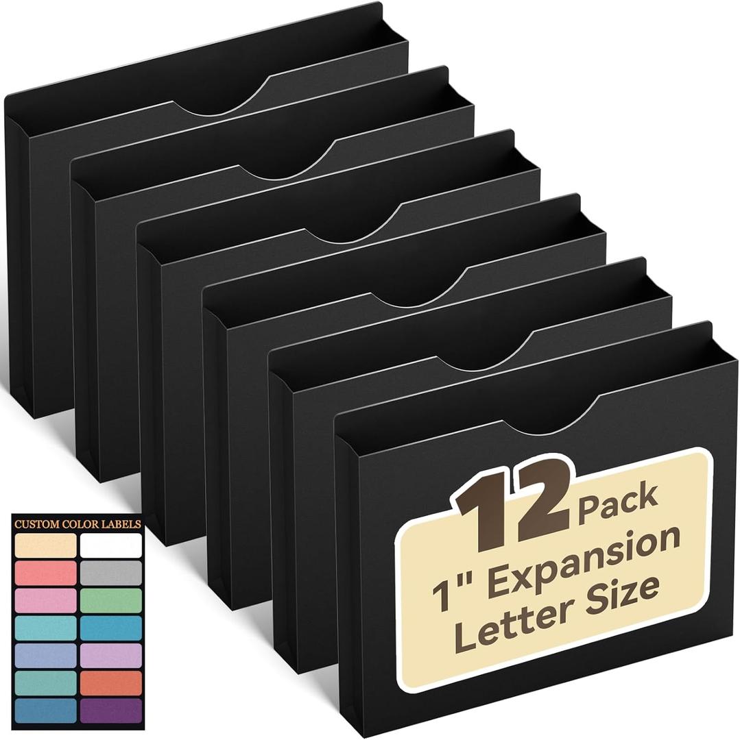 ANSOOK Letter Size File Jackets & File Pockets,Heavy Duty 1" Expansion Manila File Folder for File Cabniet,12 Pack Manila File Jackets with Straight Cut Tab,Job Folder File Jackets (Black)
