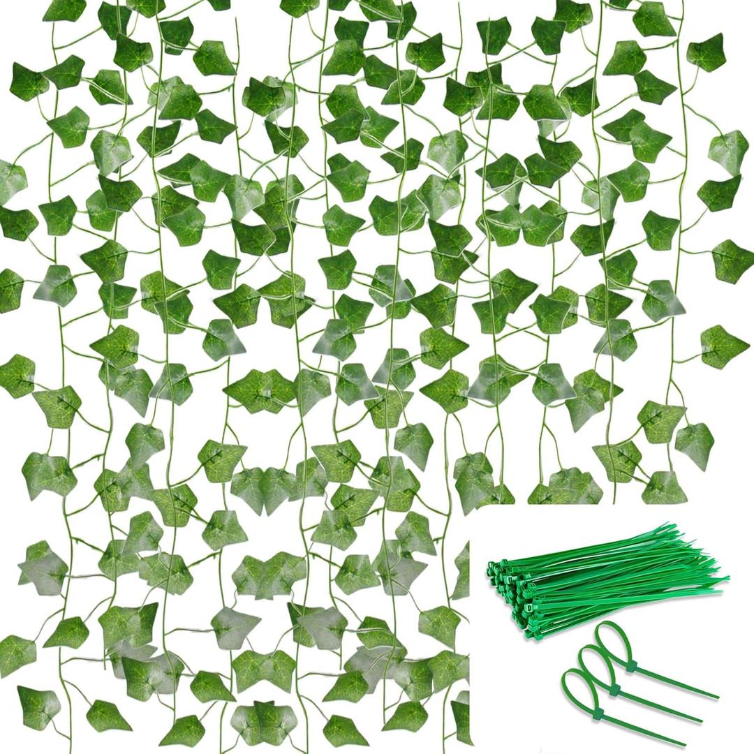 Ivy Artificial Garland, Pack of 12 Green Ivy with Nylon Cable Ties, Plants Ivy Vine for Wedding, Garden, Home Party Wall Decoration