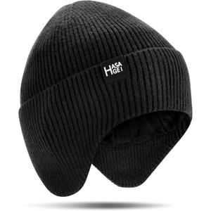 Ear Protection Beanie Hats for Men & Women - Warm Winter Knit Hats for Outdoor Hiking, Skiing, Running, Dog Walking (Black With Fleece)