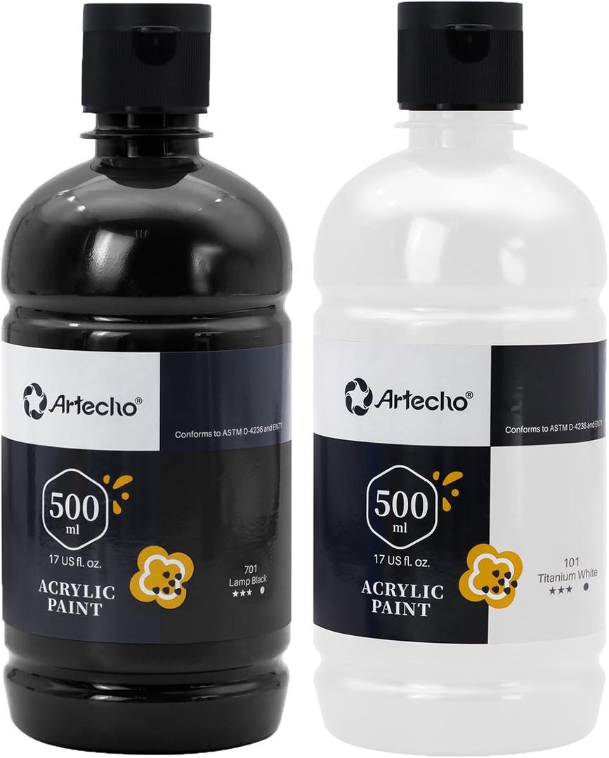 Artecho White and Black Acrylic Paint - Large Bottle 500ml / 17oz, Craft Paint for Canvas, Rocks, Wood, Fabric, Ceramic, Non-Toxic