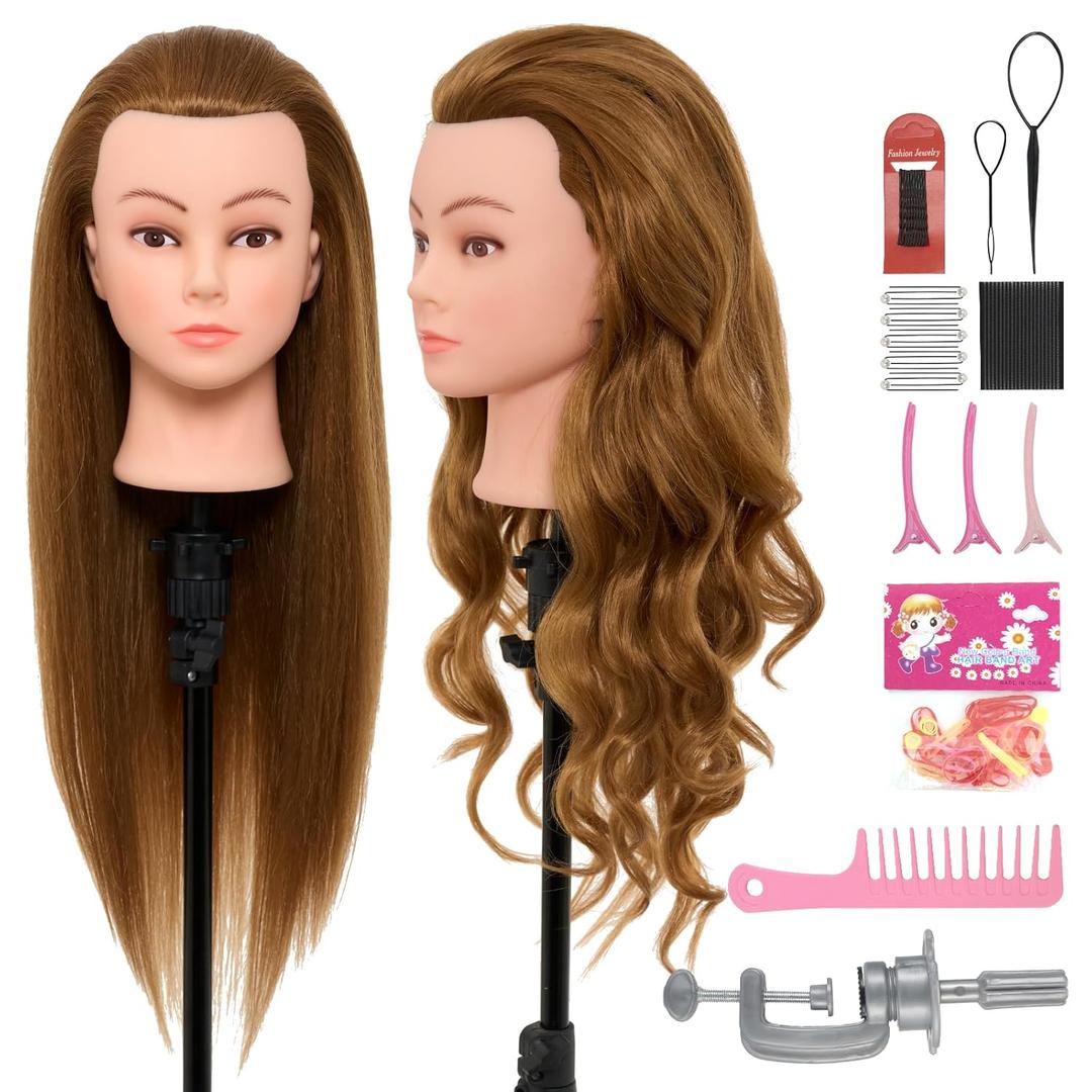 28Inch Mannequin Head with 80% Real Human Hair - Doll Head for Hair Styling Braiding Curling,Cosmetology Mannequin Head with hair with Table Clamp Hair Styling Set (Blonde) (27B#)