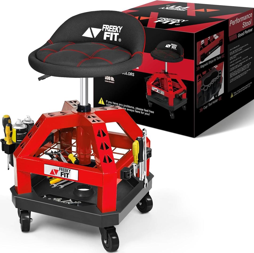 Rolling Shop Stool for Garage with Casters, DO02-Adjustable Height 360 Swivel Shop Seat with Tool Tray Storage, 330 LBS Capacity Padded Mechanic Stool, Magnetic Tool Hold, Heavy Duty, Red