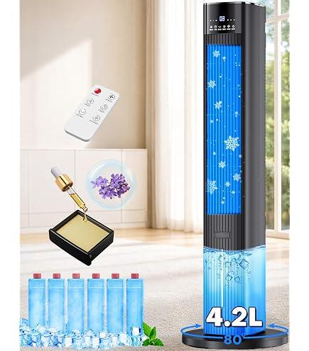 COOLECH 42 INCH Swamp Cooler Air Conditioner w/ 4 Modes & 3 Speeds, Aroma & Memory Function, 15H Timer Evaporative Cooler, 6 Ice Packs, 1.1-Gal Dual Tanks Windowless Portable Air Conditioners for Room