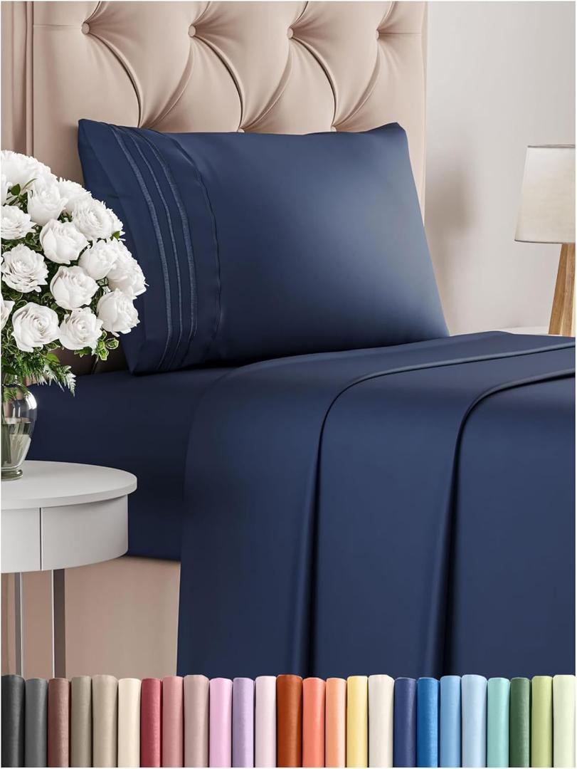 Twin XL Size 3 Piece Sheet Set - Comfy Breathable & Cooling Bed Sheets Set - Hotel Luxury Bedding for Women, Men, Kids, Teens, Boys & Girls - Deep Pockets, Soft, Wrinkle Free - Oeko-Tex - Navy Blue Twin XL Size 3 Piece Sheet Set - Comfy Breathable & Cooling Bed Sheets Set - Hotel Luxury Bedding for Women, Men, Kids, Teens, Boys & Girls - Deep Pockets, Soft, Wrinkle Free - Oeko-Tex - Navy Blue