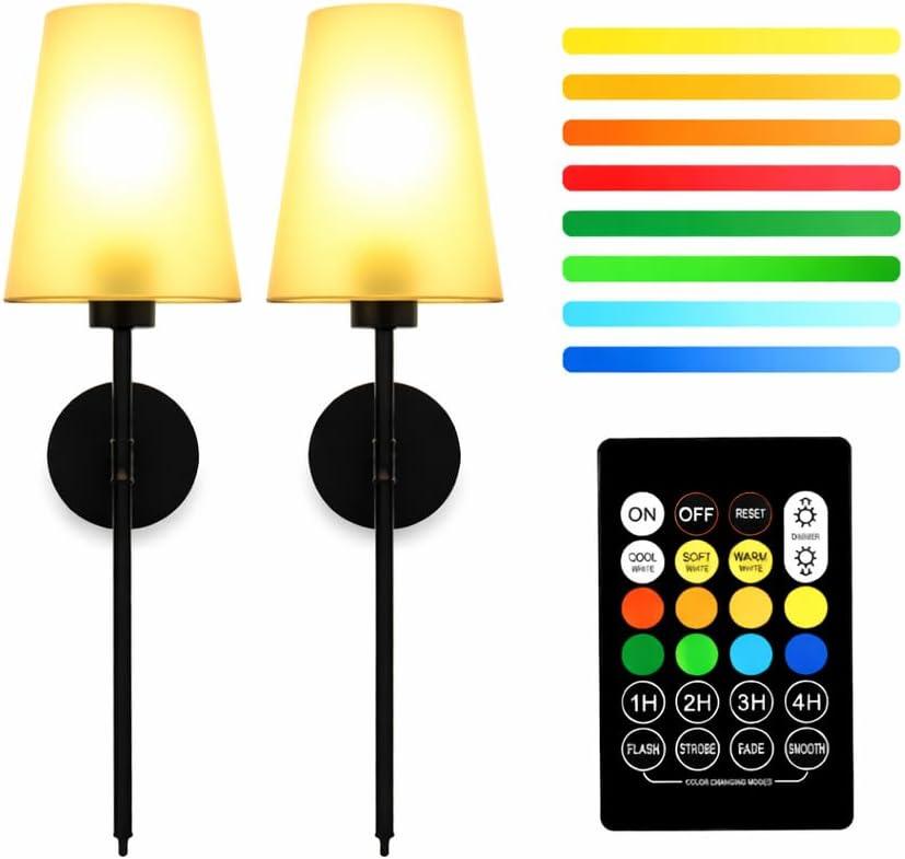 Set of 2 Rechargeable LED Wall Sconces with Remote RGB Color Changing, Dimmable Wall Mounted Lights 5000mAh Battery Powered Cordless Lamps for Bedroom, Living Room, Hallway, Home Decor (Black)