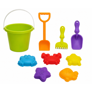 Beach Bucket Toy Set 9pc Set 1 Bucket 2 Shovels 1 Rake 5 Sand Molds