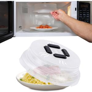HOVER COVER Magnetic Splatter Cover, 10-Inch Clear BPA-Free Food Lid, Vented Plate Guard with Steam Vents, Anti-Splash Microwave Lid, Dishwasher Safe, Space-Saving Magnetic Storage - Black