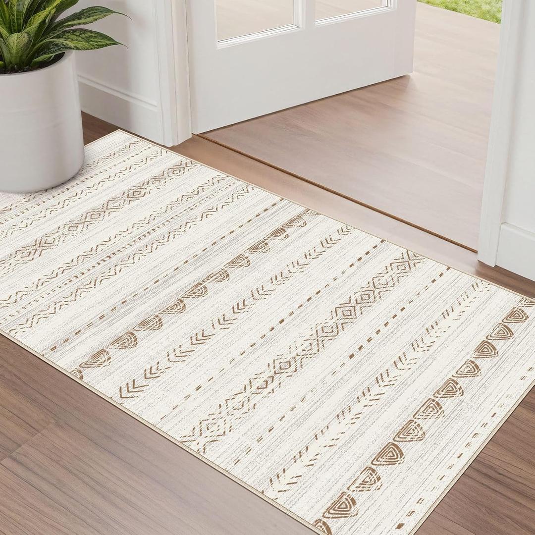 Nakagishi 2X4 Rug Washable Area Rug: Small Soft Boho Farmhouse Neutral Moroccan Non Slip Indoor Low Pile Accent Floor Throw Carpet for Bedroom Bathroom Entryway Kitchen Hallway Closet Home Door-Brown