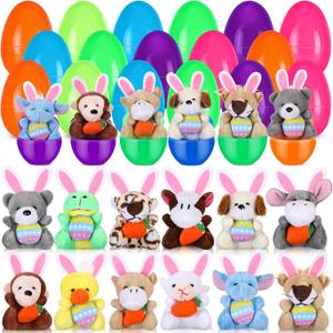Lunmon 24 Pcs Prefilled Easter Eggs Filled with Mini Plush Animal Toys for Kids Baster Stuffer Filler Stuffed Animals with Carrot for Easter Egg Hunt Filler Party Favors Classroom Prize Supplies