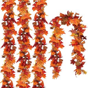 CQURE 4 Pack Fall Leaf Garland, 5.9FT Autumn Maple Leaf Garland, Silk, Orange, Curved (23.6FT-4pack)