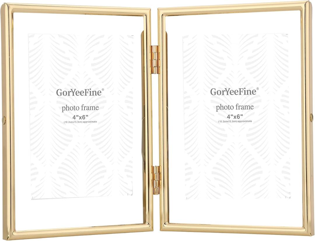 Gold 5x7 Double Floating Frame for Photo Sizes(3.5x5'',4x6''),Classy Metal Rounded Edge Frame Adjustable Tabletop/Shelf Photo Frame,for Wedding,Christmas,Birthady,Home or Office Decor.