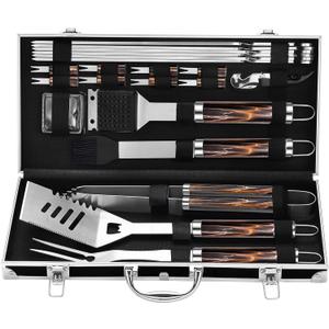 Grilljoy BBQ Accessories Grill Tools Set - 22PCS Stainless Steel Barbecue Grill Accessories for Outdoor Grill with Black Aluminum Case - Christmas Grilling Gifts for Men & Dad -Grill Tools Kit (Flamed Pattern)