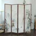 Furnnylane 4 Panel Room Divider, 5.6 ft Tall Double-Sided Blackout Folding Privacy Screen Freestanding Wall Partition with Mountains and Waters Landscape for Home Office, Easy Setup (67" H x 63" W)