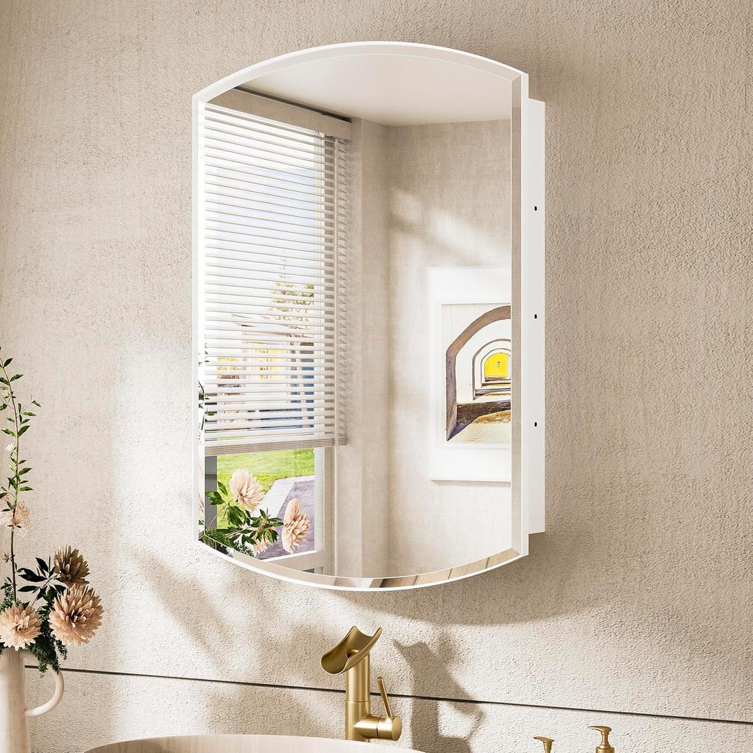 TokeShimi 20 x 30 Oval Medicine Cabinet with Mirror Recessed, Metal Surface Mounted White Arched Medicine Cabinet with Mirror Beveled with Storage Bathroom