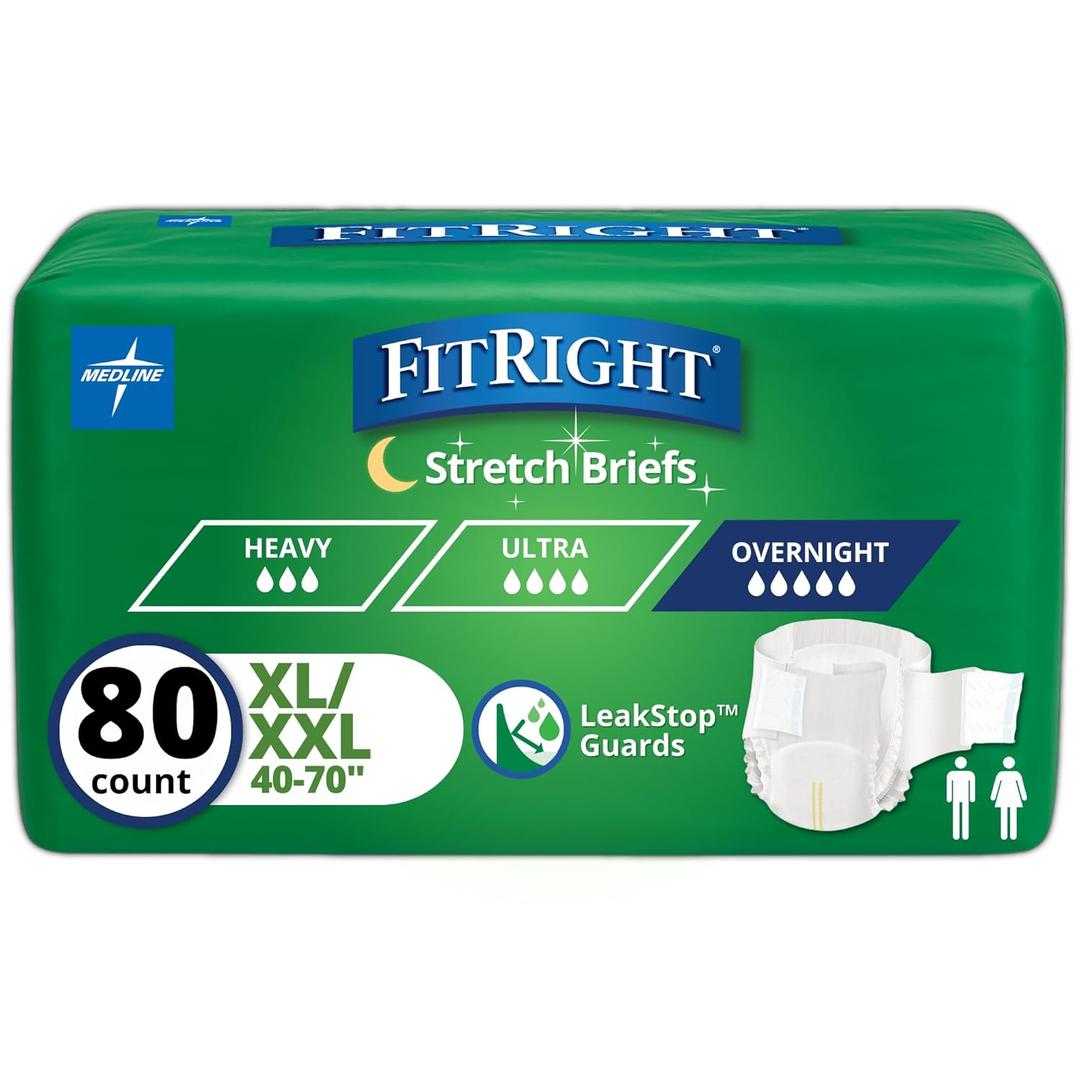 FitRight Extended Wear Stretch Brief, Overnight Absorbency, Size 2, 40 to 70" Waist, 20 Count (Pack of 4)