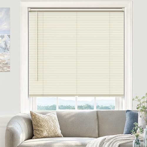 UNISHADES Blinds for Indoor Windows 1" Vinyl L-Shaped Slats Cordless Mini Blinds for Home, 58" W × 64" H - Beige