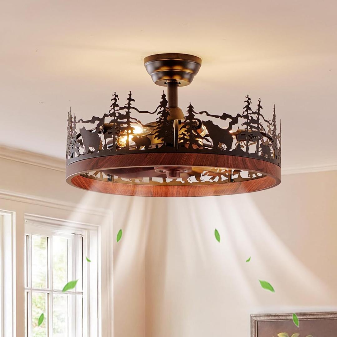 Farmhouse Rustic Ceiling Fan with Light and Remote, 21.7" Flush Mount Enclosed Bladeless Black Chandelier Fan with Forest and Bear, Reversible Fandelier Ceiling Fan for Living Room Bedroom, D21.7"