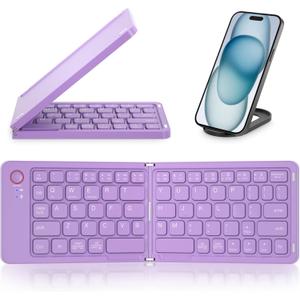Mini Portable Wireless Folding Keyboard - Sync Up to 3 Devices, Ultra-Slim Aluminum Travel Keyboard for iPhone iPad Mac Android Windows iOS (Purple)