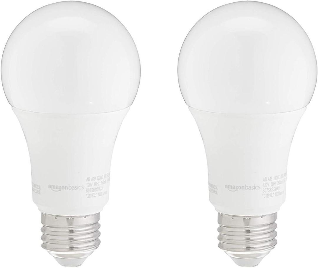 Amazon Basics A19 LED Light Bulbs, 100W Equivalent, Daylight White 5000K, Energy Efficient 15W, Non-Dimmable, 10,000 Hour Lifetime, 2-Pack