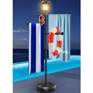 63" Solar Light Pool Towel Rack, Outdoor Towel Rack with Wheels, 6 Adjustable Bars Hot Tub Accessories, Free Standing Towel Holder for Pool, Spa, Hot Tub