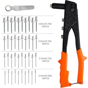 Rivet Gun, Manual Pop Rivet Gun with 4 Replaceable Nosepieces & 200 PCS Rivets, Hand Riveter for Automotive, Furniture, DIY & Metal Working (Basic, Orange)