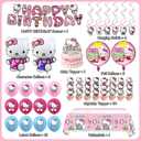 49Pcs - Kitty Birthday Party Decorations Set, Pink Theme with Banner, Balloons, Tablecloth, Cake Toppers..