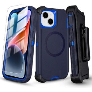 Defender for iPhone 14 Magnetic Case with Clip, Screen Protector Included | Anti-Drop Full Body Protective Works Outdoors Case for iPhone 14 Men Women, 3-Layer Military Grade Protection, Navy Blue 6.1"