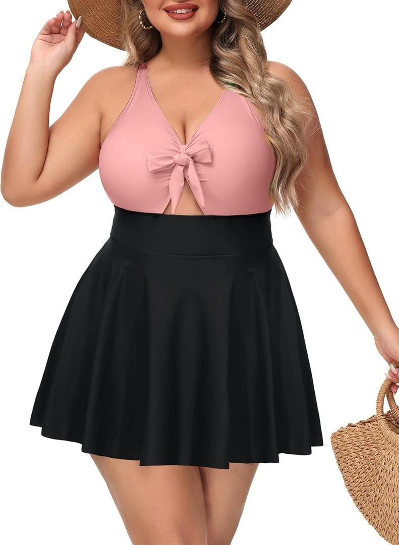 NIeyook Womens Plus Size One Piece Swimsuit with Skirt V Neck Cutout Flowy Swim Dress Tummy Control Bathing Suit (18 Plus, Pink and Black)