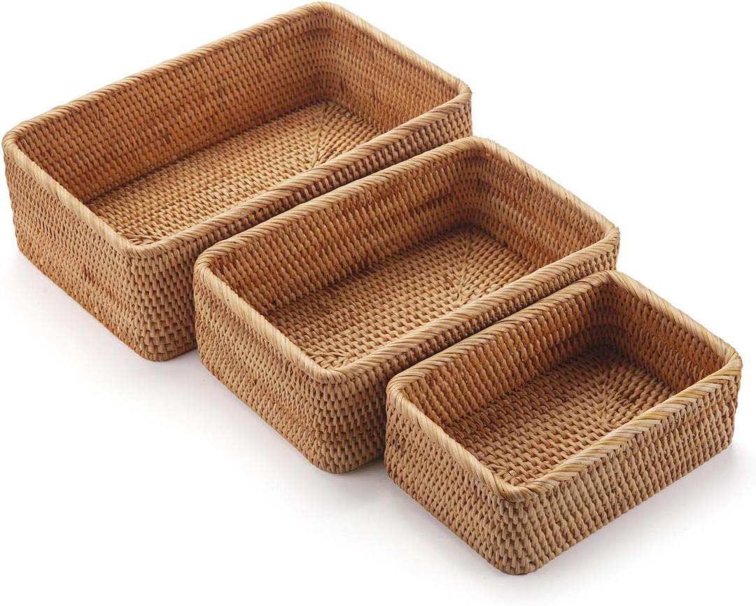 Natural Rattan Fruit Storage Baskets Rectangular Woven Wicker Box for Key Holder Remote Stackable Natural, Set of 3